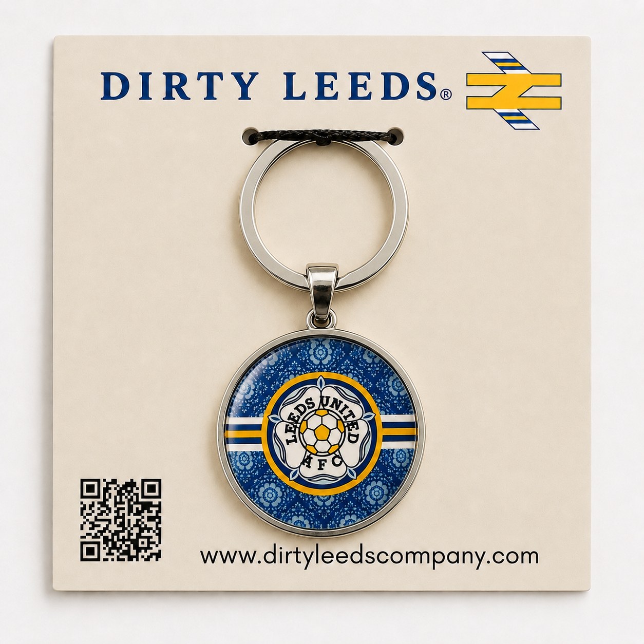 Dirty Leeds® Blue Leeds Rose Badge Keyring with silver-tone hardware on a Dirty Leeds backing card.