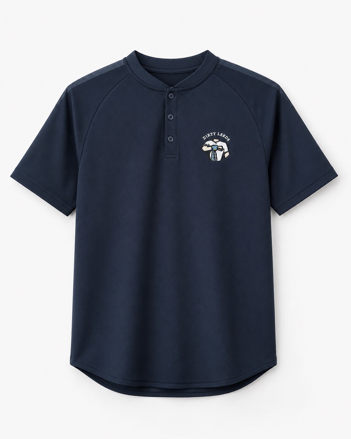 Navy Dirty Leeds® Keep Fighting Salute Logo Grandad Shirt front view with embroidered chest logo.