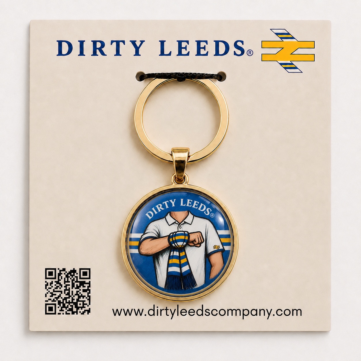 Dirty Leeds® New Blue Yorkshire Rose Salute Keyring with gold-tone hardware on a Dirty Leeds backing card.