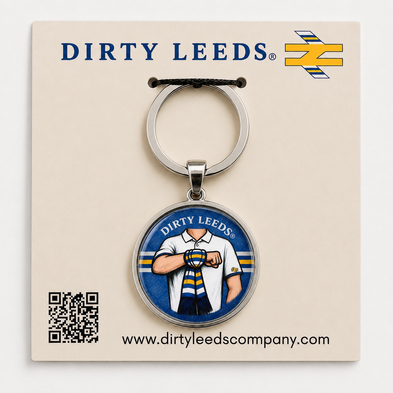 Dirty Leeds® New Blue Yorkshire Rose Salute Keyring with silver-tone hardware on a Dirty Leeds backing card.