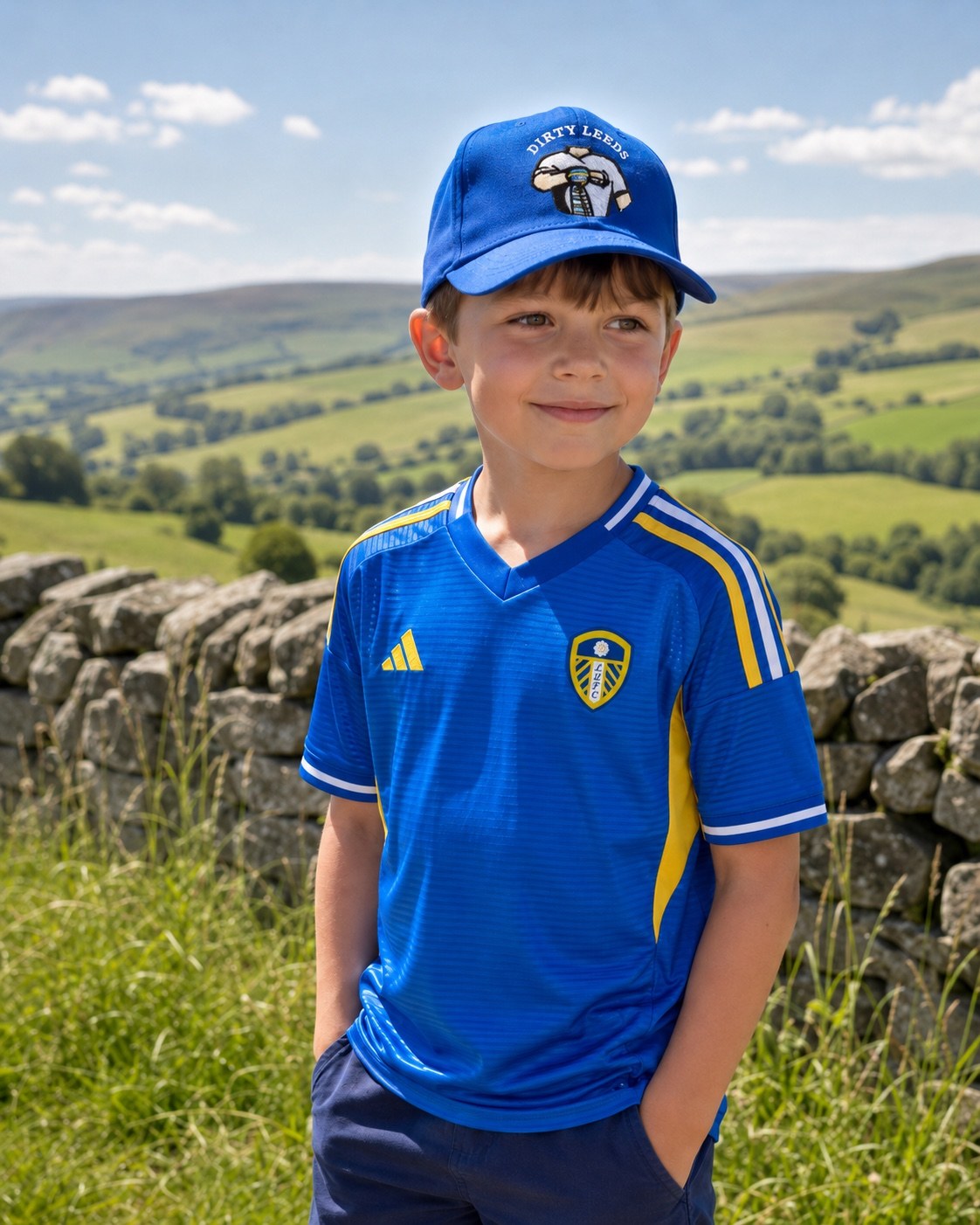 Dirty Leeds® Original Logo Blue Junior Baseball Cap – lifestyle image.