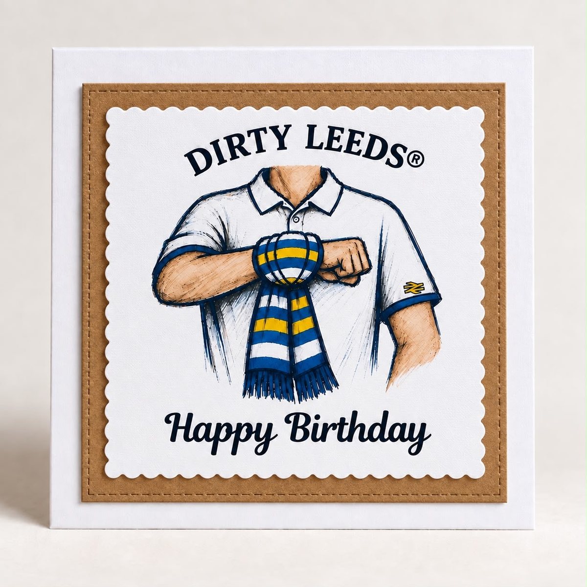 Dirty Leeds® Salute Logo Happy Birthday Card with a brown border.