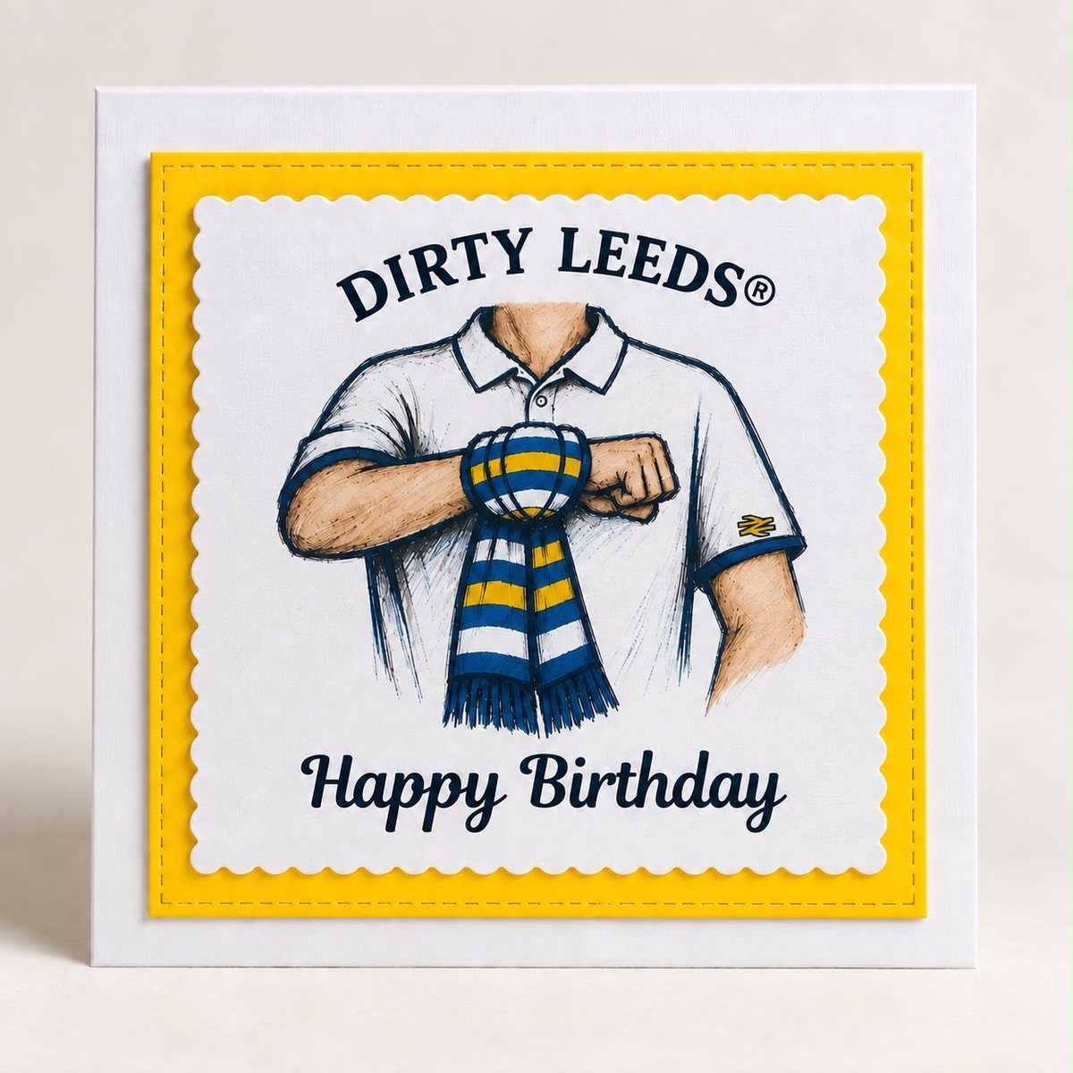 Dirty Leeds® Salute Logo Happy Birthday Card with a yellow border.