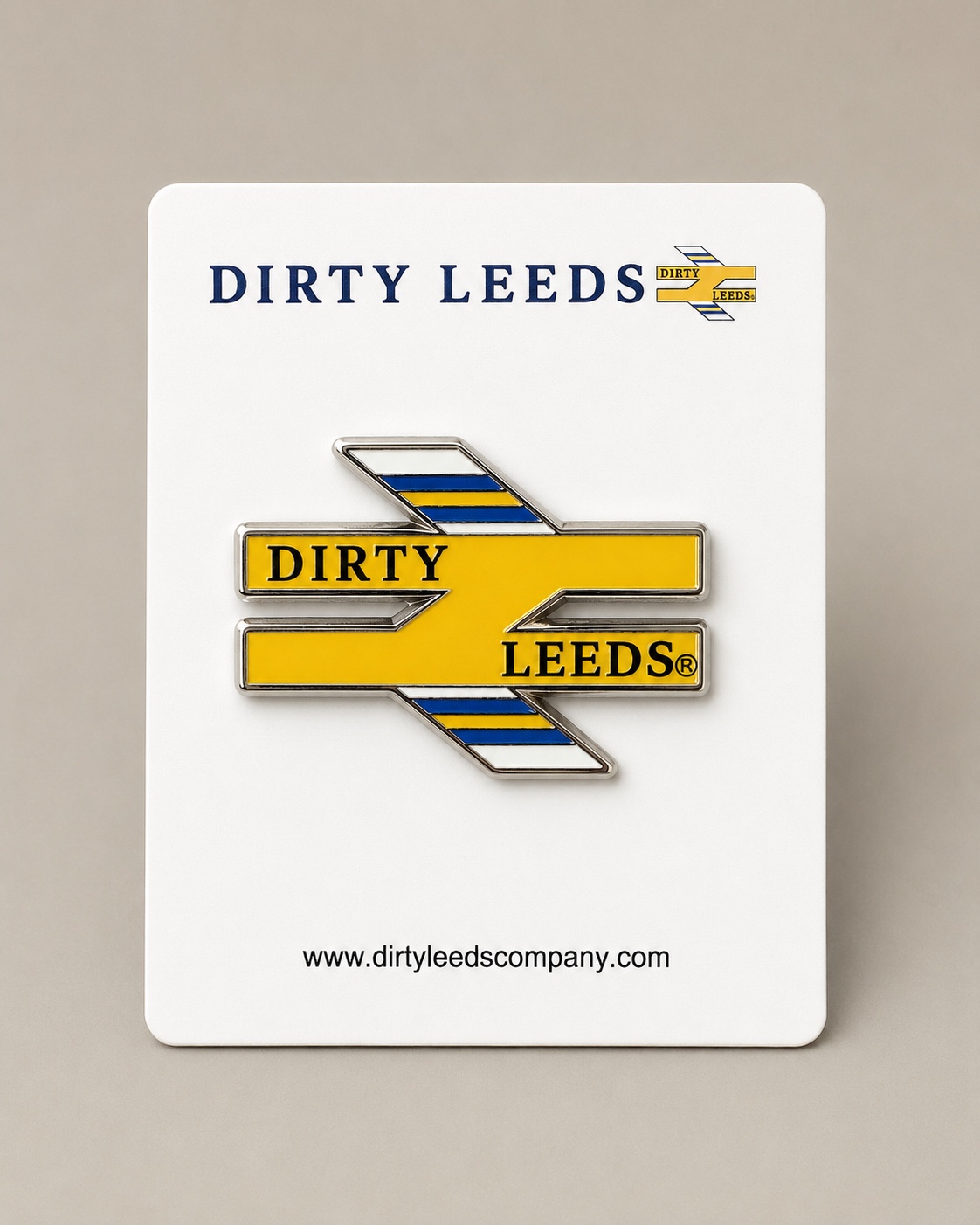 Dirty Leeds Service Crew Trainlines enamel pin badge displayed on a Dirty Leeds backing card.