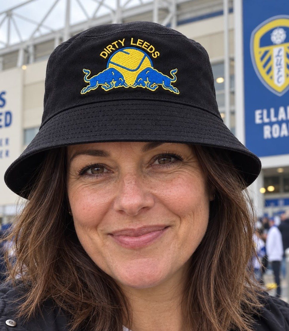 Dirty Leeds® Smiley Red Bull Emblem Black Bucket Hat – lifestyle image, close lifestyle image.