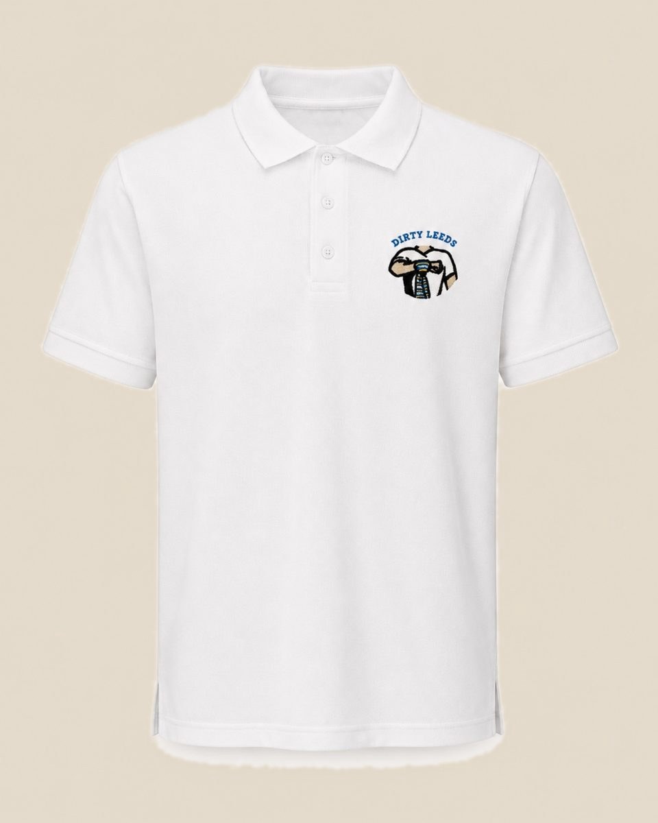Front view of the Dirty Leeds® White Embroidered Polo Shirt with the embroidered chest logo.