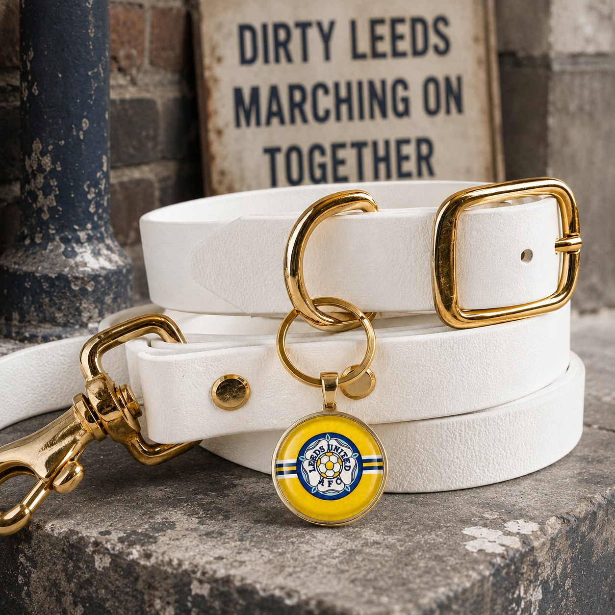 Yellow Leeds rose keyring hanging from a white collar and lead set with gold-tone fittings.