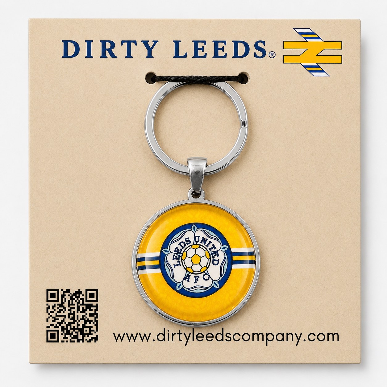 Dirty Leeds® Yellow Leeds Rose Badge Keyring with silver-tone hardware on a Dirty Leeds backing card.