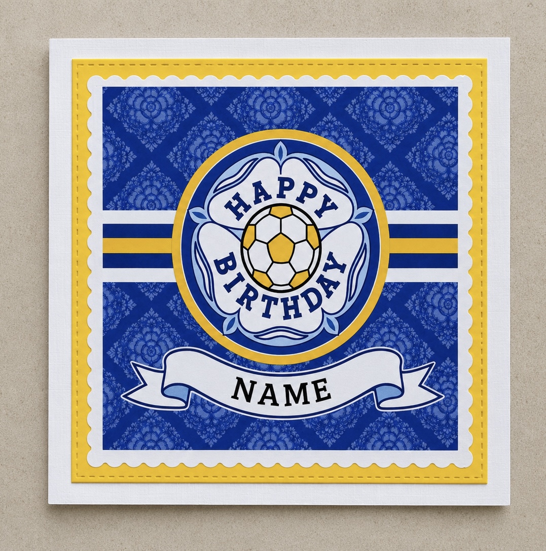 Blue personalised Dirty Leeds® Leeds-inspired birthday card with Yorkshire rose pattern and blank name banner.